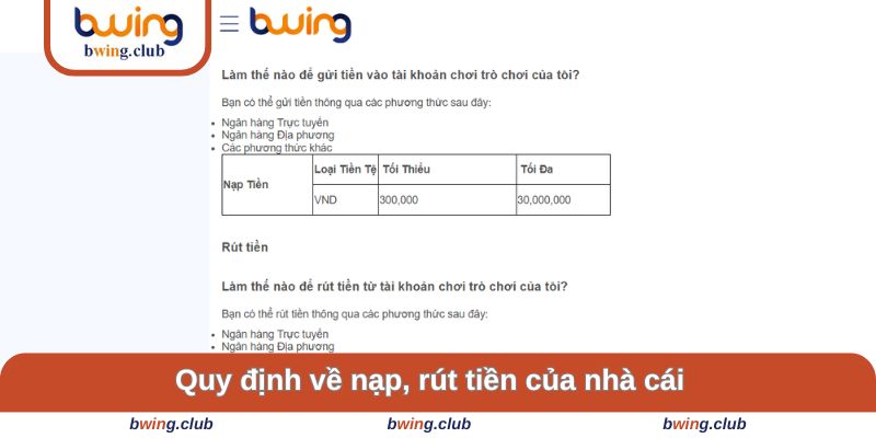 Quy định quá trình nạp, rút tiền